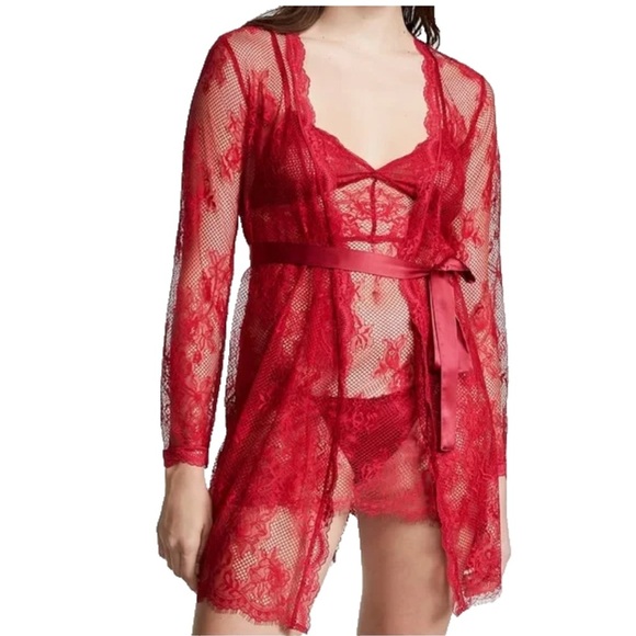 Victoria's Secret Other - NWOT Victoria’s Secret fishnet lingerie robe slip and thong set burgundy XS/S